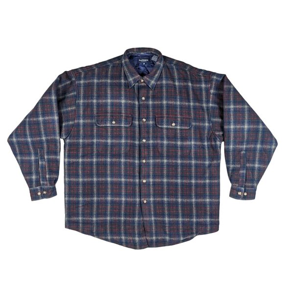 Van Heusen Men's Large Flannel Shirt Jacket Button Up Plaid Quilted Lining Blue - Picture 1 of 16